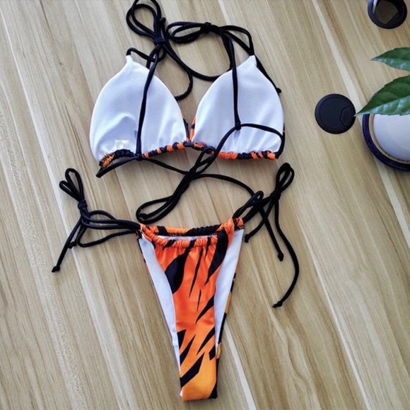 Tiger Print Orange and Black String Bikini - Picture 2 of 6